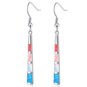 14K White Gold with Genuine Multicolored Fire Opal Dangling Hook Bar Earrings
